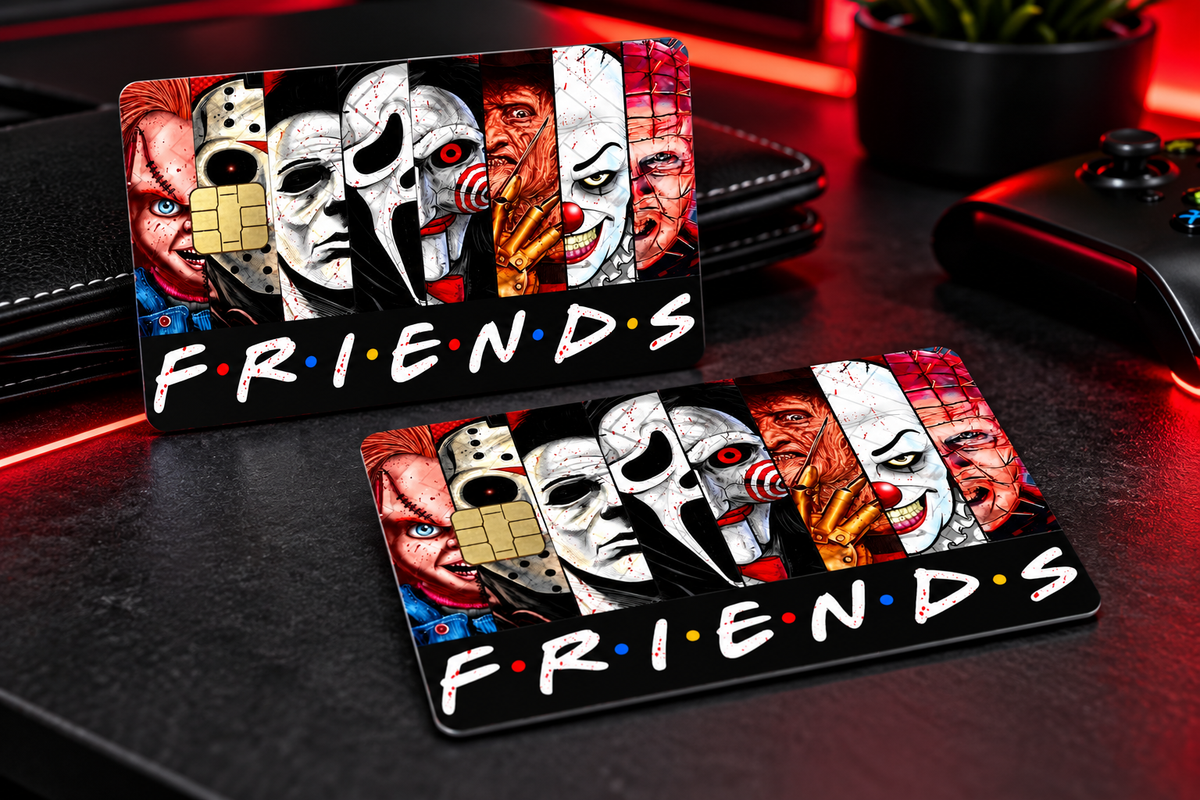 Horror Friends Credit Card Skin ā Scary Movie Inspired Vinyl Card Decal ā Horror Character Collage ā Halloween Card Wrap