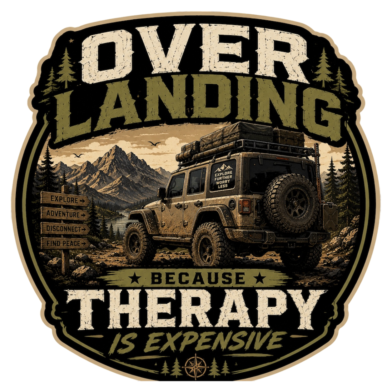 Over Landing Because Therapy Is Expensive Vinyl Decal | Off-Road Adventure Sticker | Overlanding 4x4 Decal | Outdoor Explorer Decal