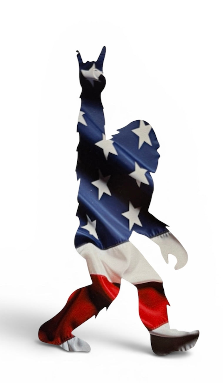 Patriotic Bigfoot Rock On Hand Vinyl Decal – 5” Tall – High-Quality Waterproof Sticker – USA Flag Sasquatch Silhouette