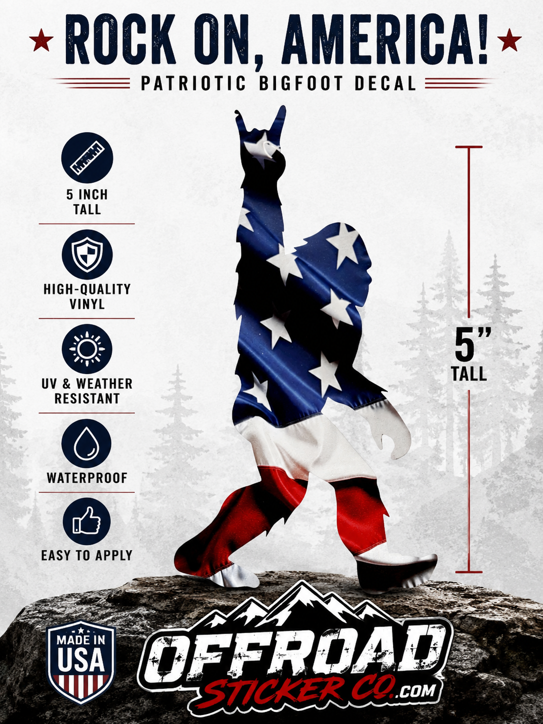 Patriotic Bigfoot Rock On Hand Vinyl Decal – 5” Tall – High-Quality Waterproof Sticker – USA Flag Sasquatch Silhouette
