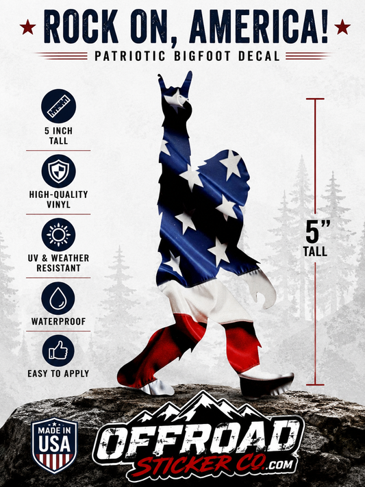 Patriotic Bigfoot Rock On Hand Vinyl Decal – 5” Tall – High-Quality Waterproof Sticker – USA Flag Sasquatch Silhouette