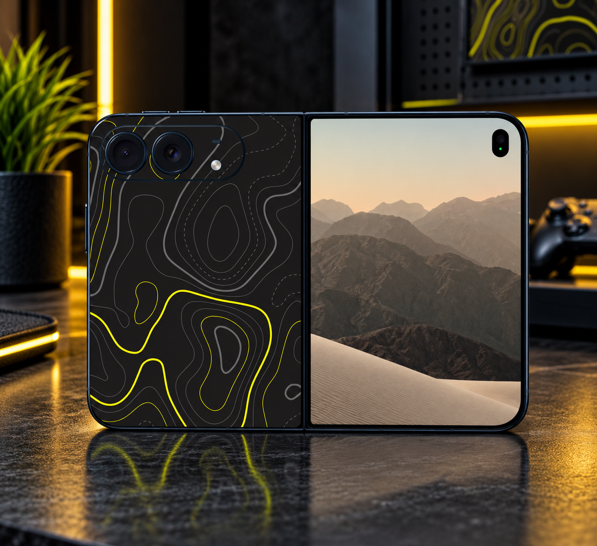 Topographic Map Vinyl Phone Skin Compatible with iPhone Duo Black & Lime Green Contour Lines Decal Wrap