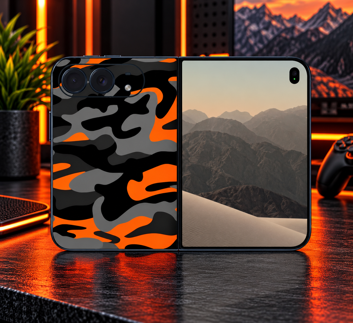 Orange Camo Vinyl Phone Skin Compatible with iPhone Duo Black Gray Orange Camouflage Decal Wrap Premium Outdoor Phone Sticker