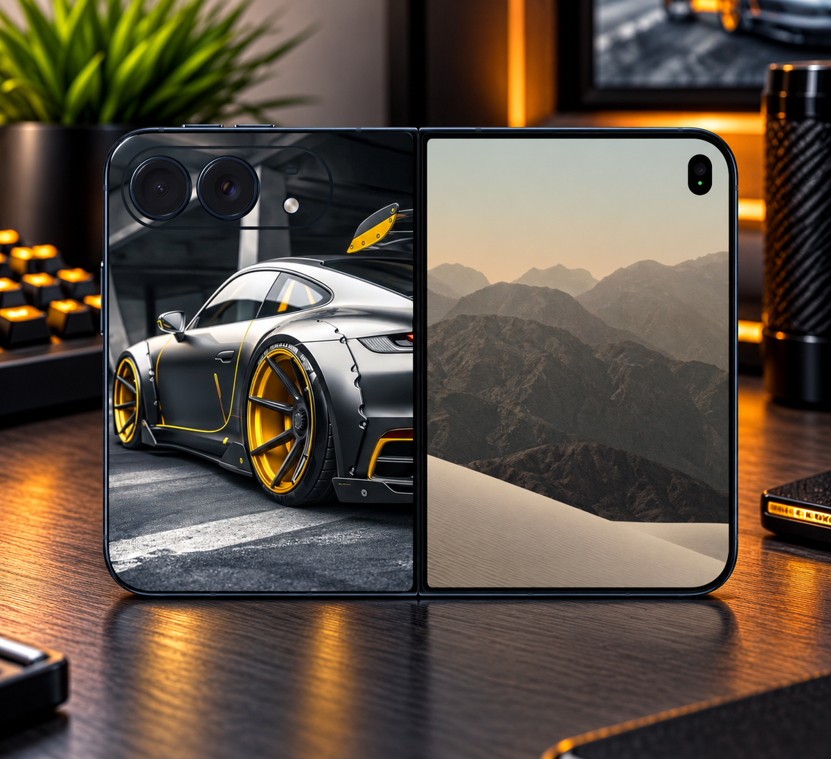 Sports Car Racing Vinyl Phone Skin Compatible with iPhone Duo Silver Supercar Gold Wheels Premium Automotive Phone Decal Skin