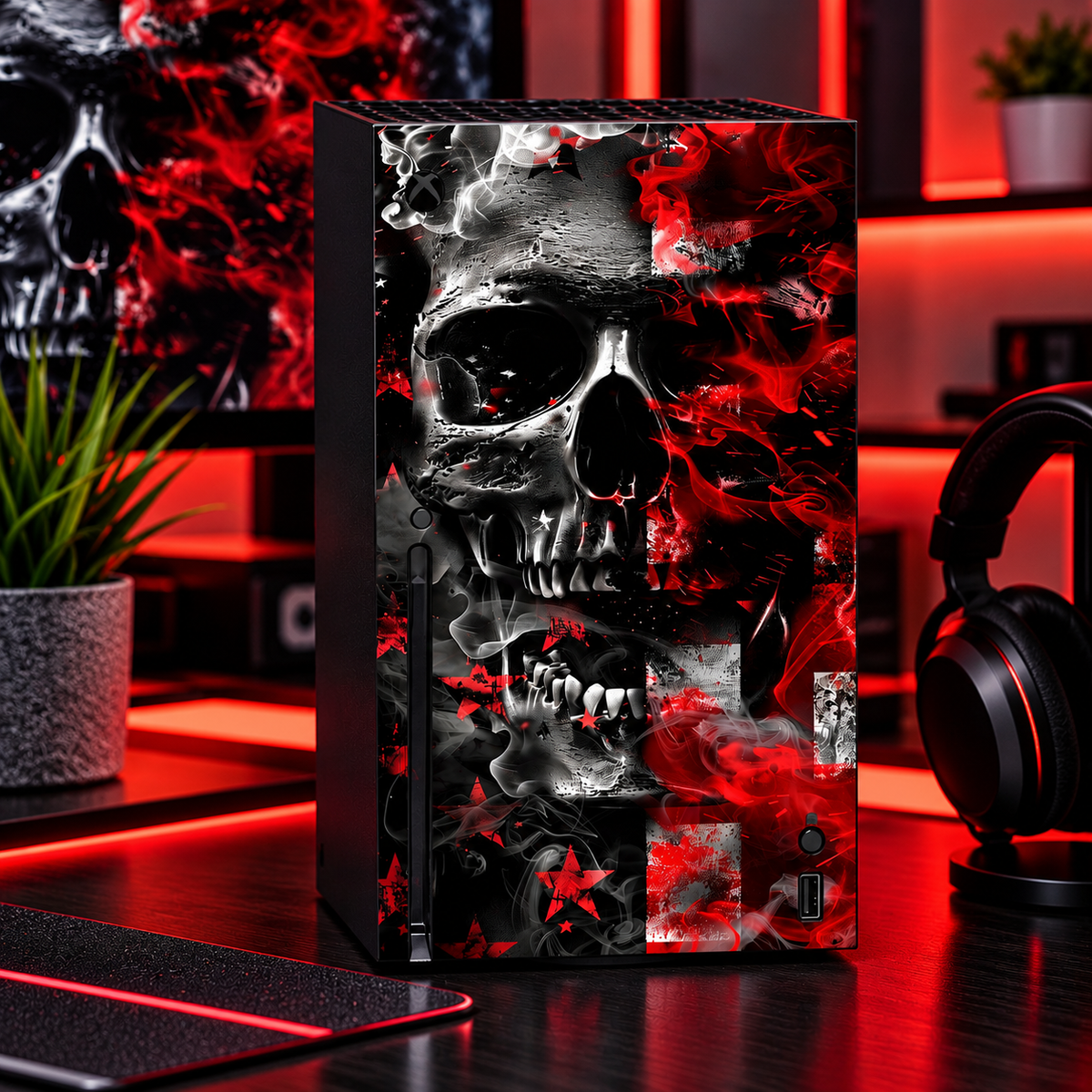 Red & Black Skull Console Skin – Compatible with Xbox Series X – Skull Vinyl Wrap – Gaming Console Decal