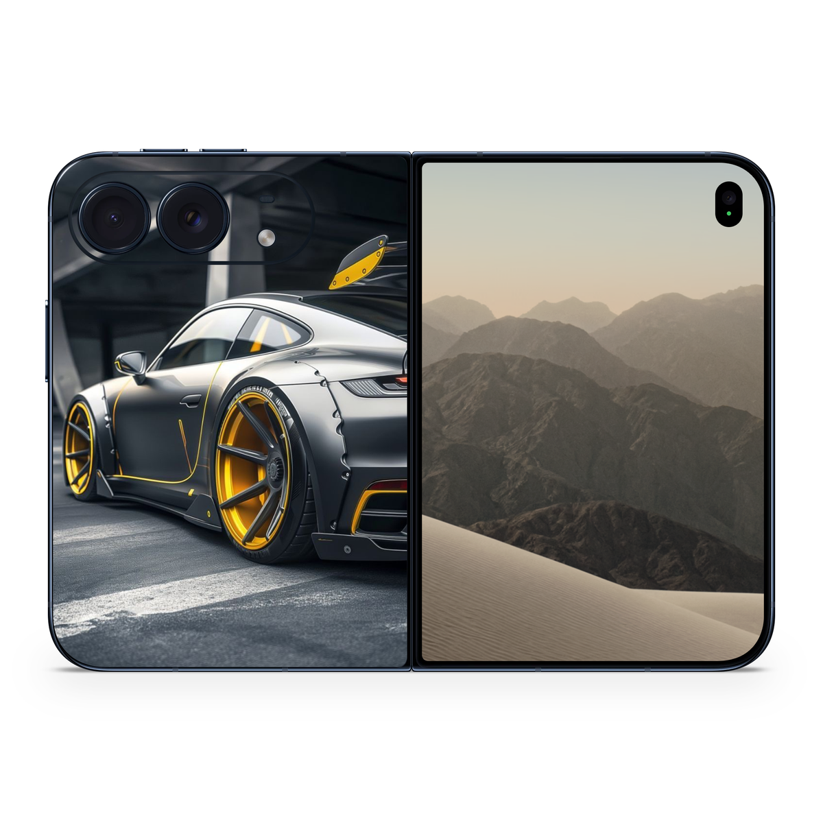 Sports Car Racing Vinyl Phone Skin Compatible with iPhone Duo Silver Supercar Gold Wheels Premium Automotive Phone Decal Skin