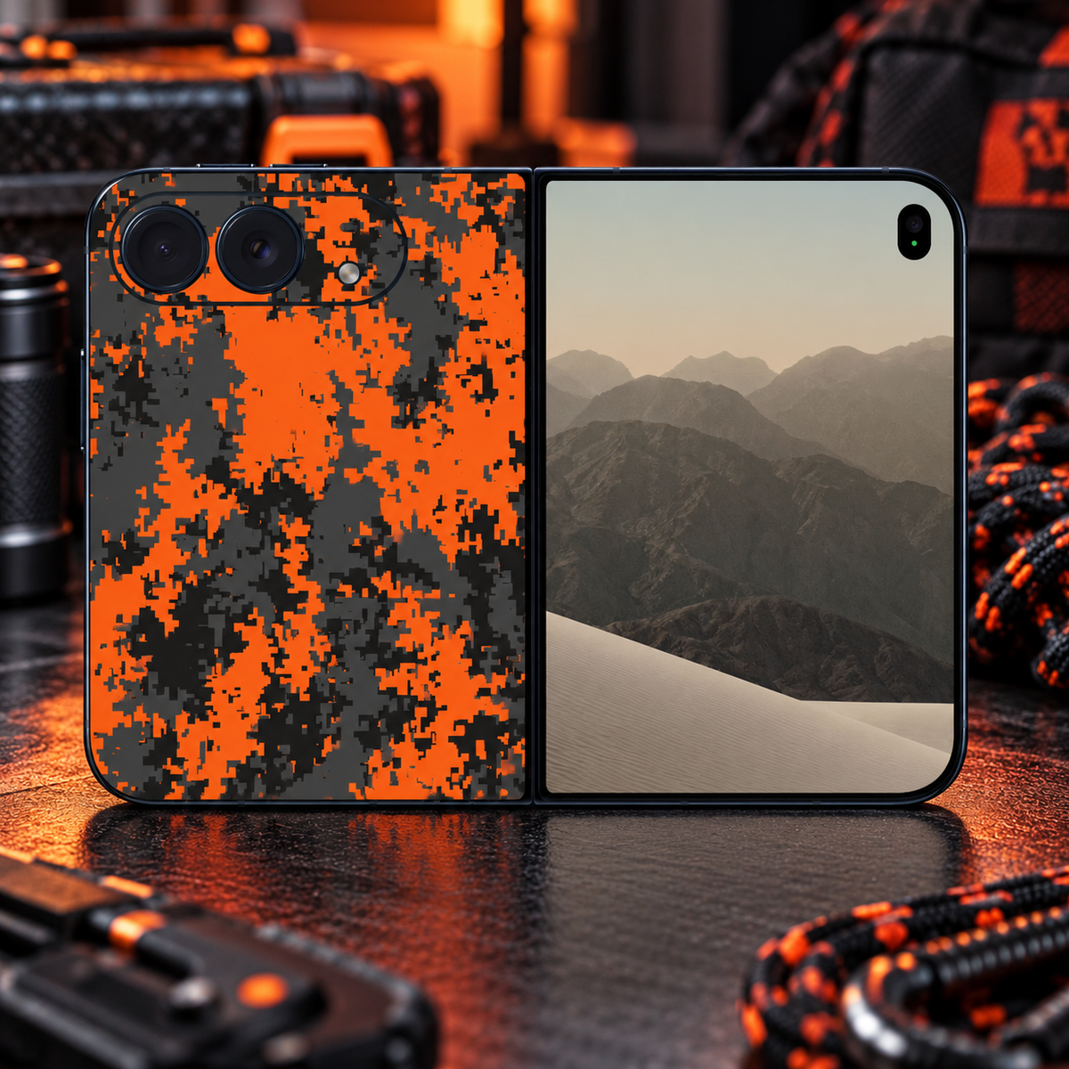 Orange Digital Camo Vinyl Phone Skin Compatible with iPhone Duo Black Gray Camouflage Design Premium Phone Back Decal Wrap
