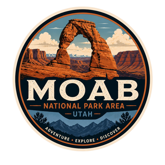 Moab National Park Area Vinyl Decal – Retro Desert Arch Sticker – Utah Adventure Badge – Off-Road & Overland Decal