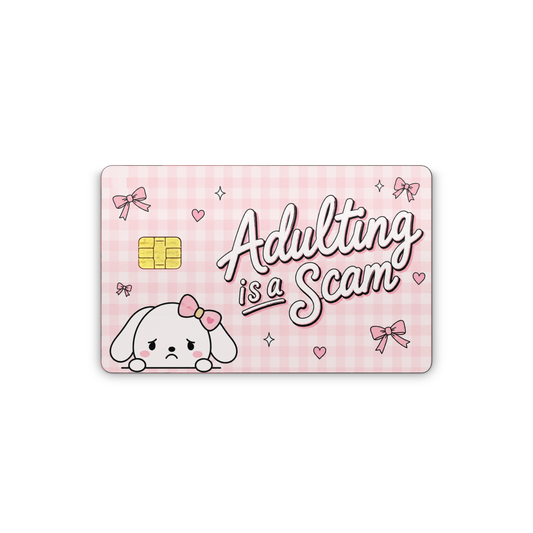 Adulting is a Scam Credit Card Skin, Pink Gingham, Cute Kawaii Dog Design with Bows